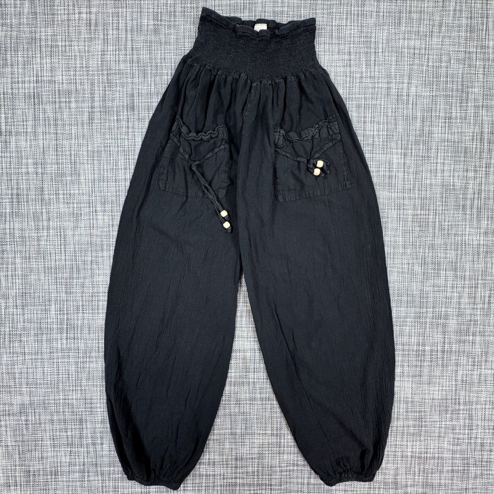 Blanco Womens Harem Pants Black Smocked Waist Cotton Elastic Cuff Pockets Small